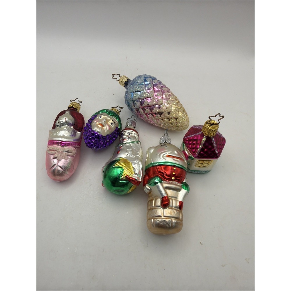 6 Hand Blown Glass Xmas Ornaments Humpty Dumpty, Cat In Slipper